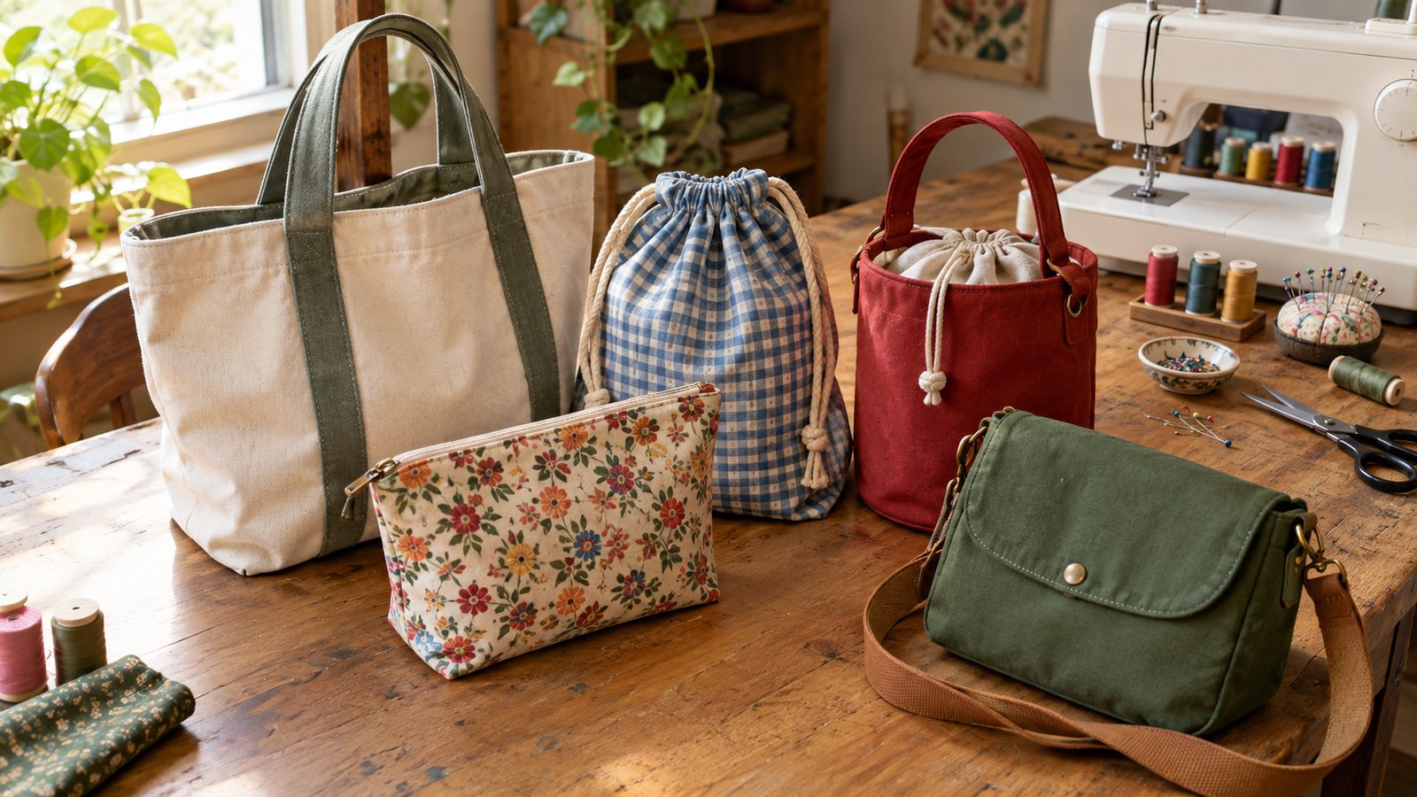 Assortment of easy handmade bags including totes, pouches, and a bucket bag