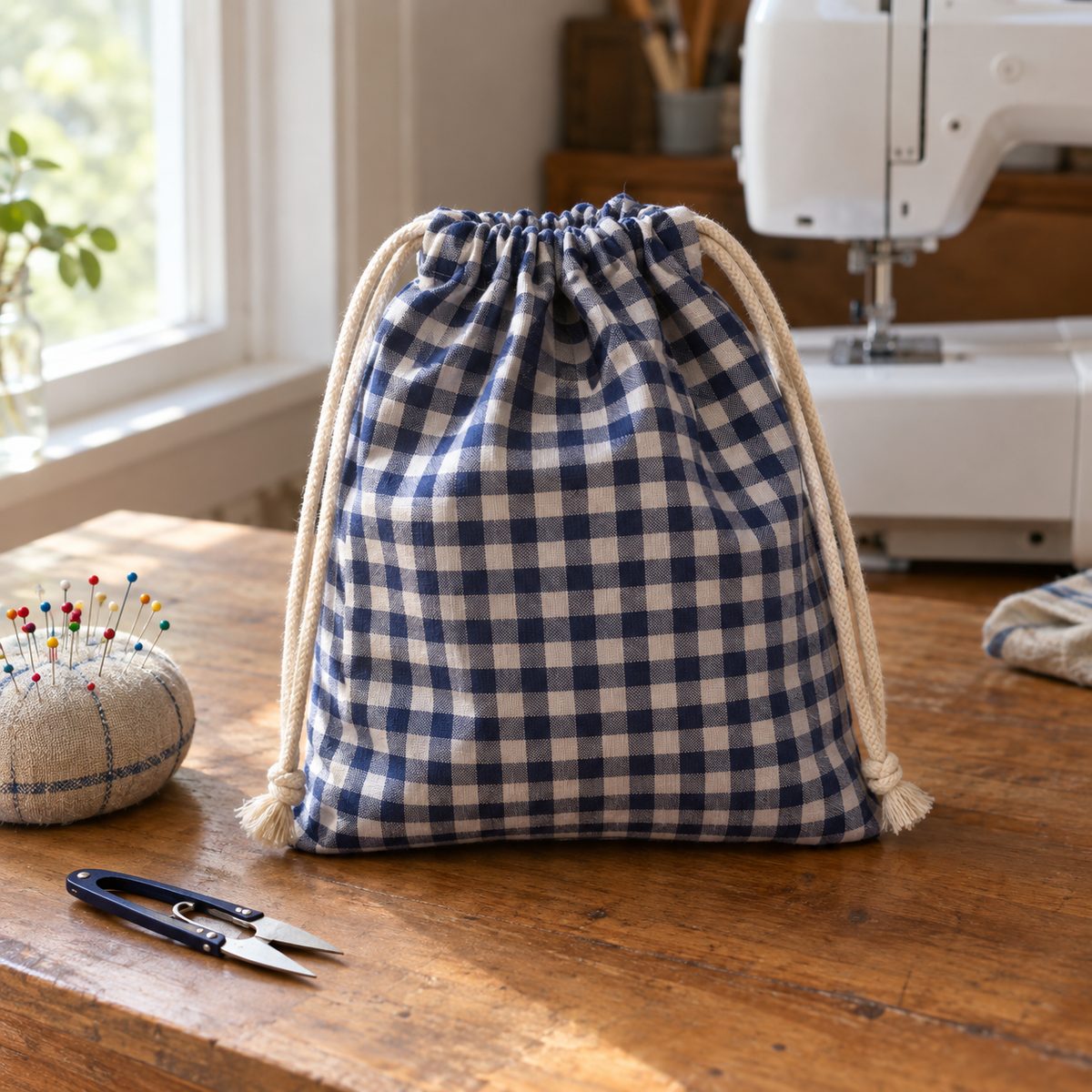 Gingham drawstring bag with two cream cords on a wooden sewing table