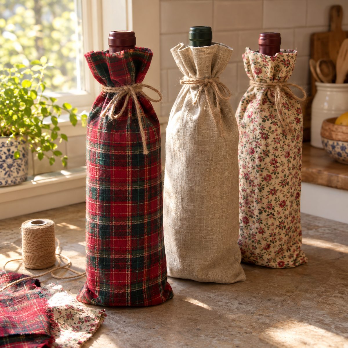 Three fabric wine bottle gift bags in plaid, linen, and floral prints