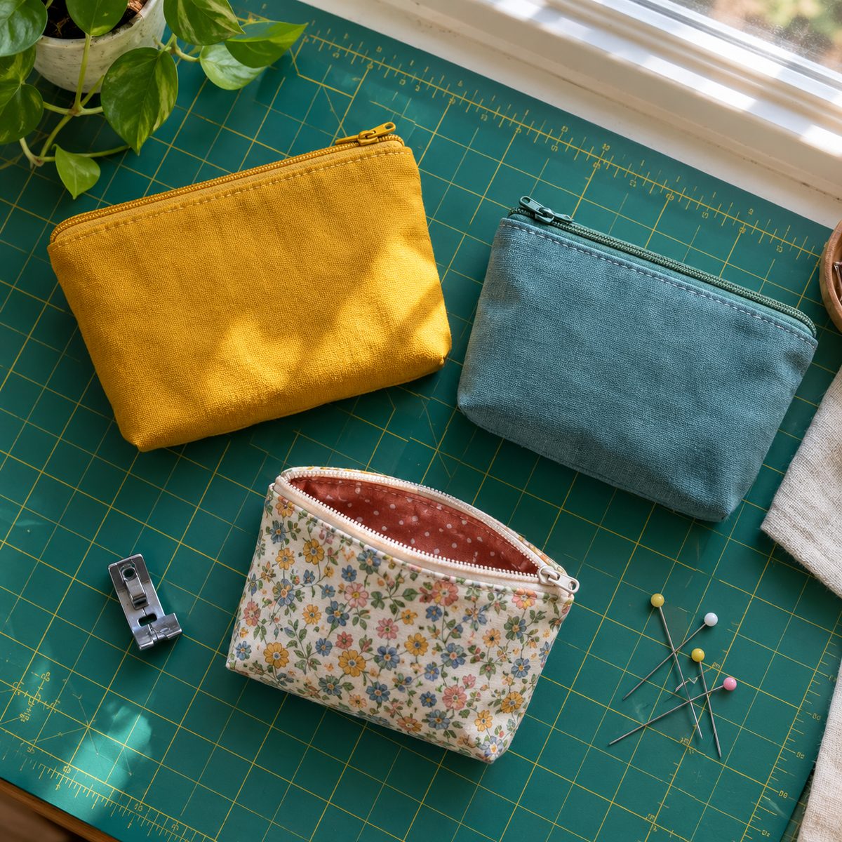 Three handmade zipper pouches in mustard, teal, and floral cotton
