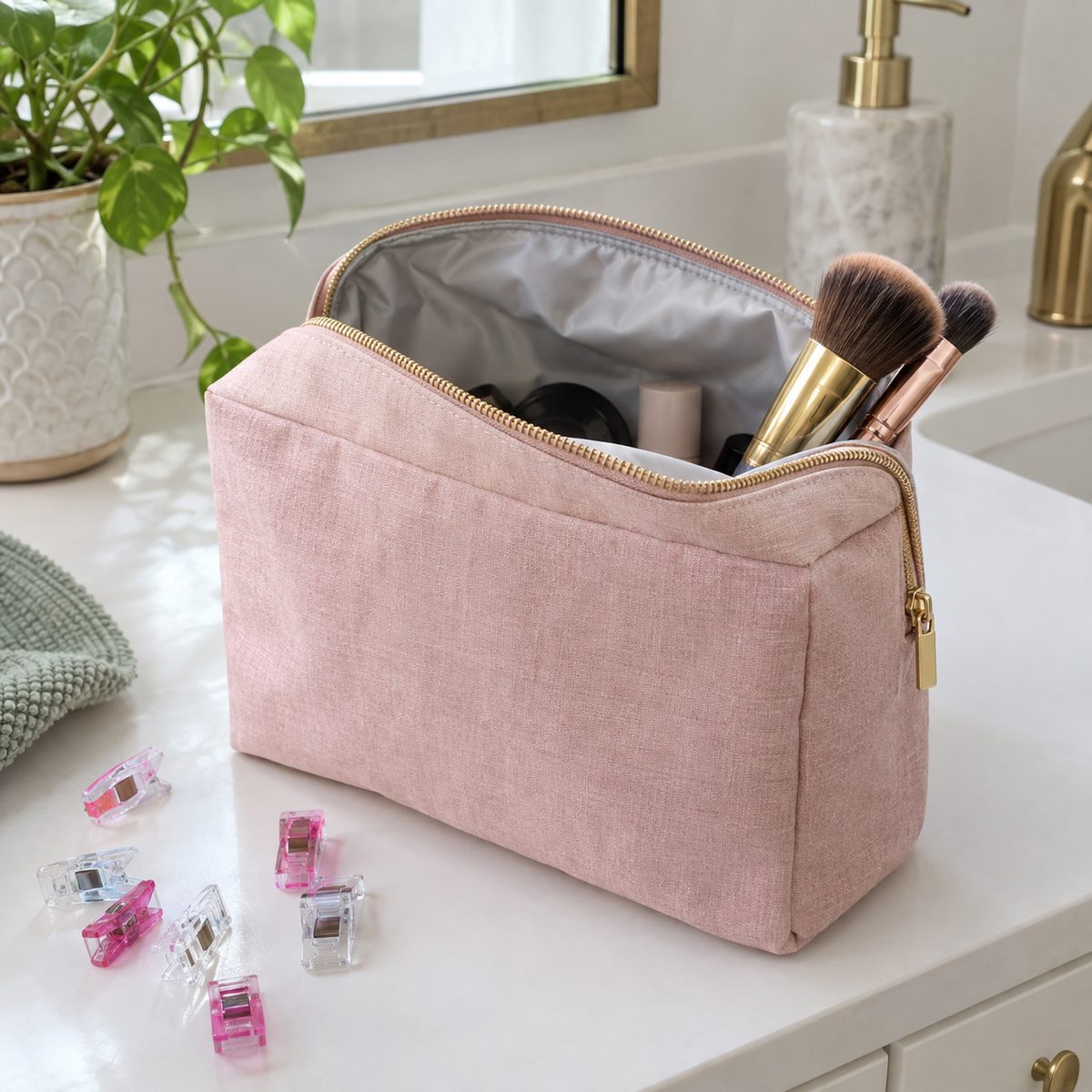 Pink linen boxed makeup bag with gray wipeable lining standing open