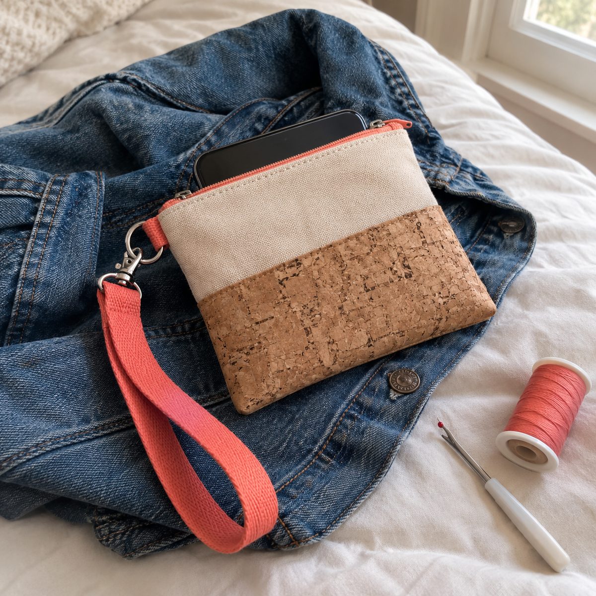 Canvas wristlet with coral fabric strap and silver D-ring