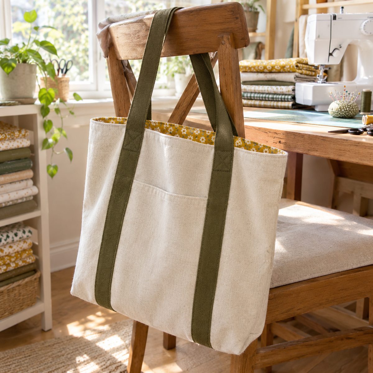 Natural canvas lined tote with olive straps and floral lining