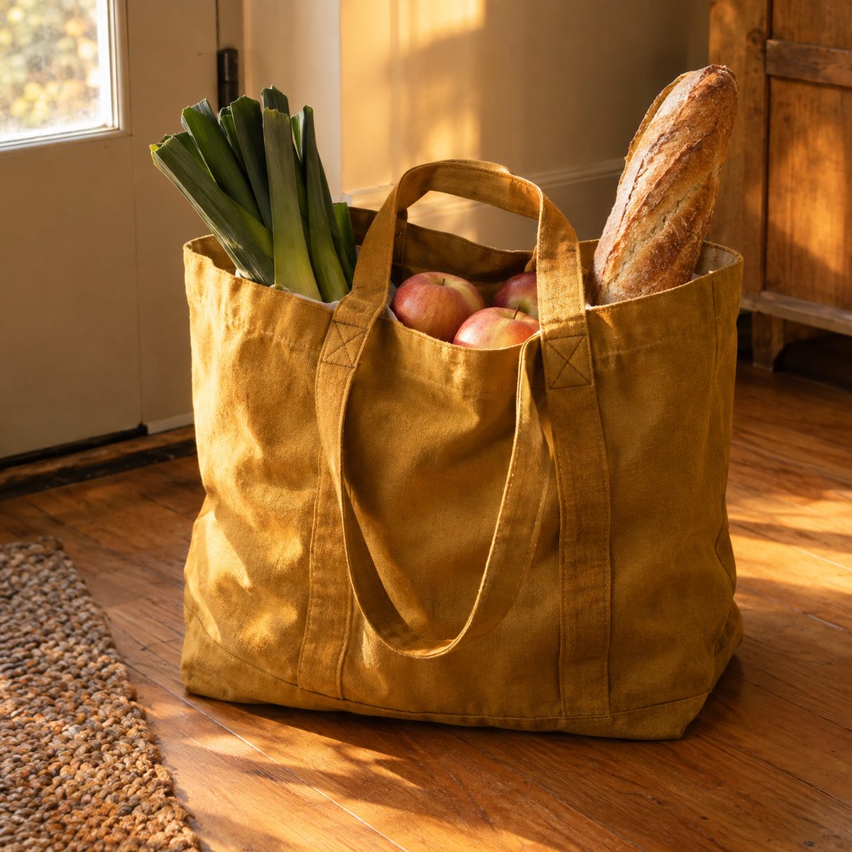 Mustard canvas market tote full of produce with reinforced straps