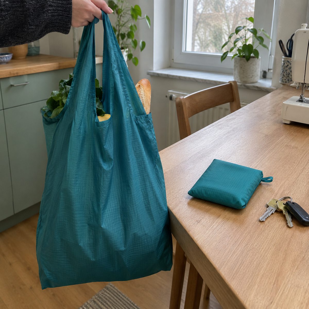 Teal nylon fold-up grocery bag next to one folded into its pocket