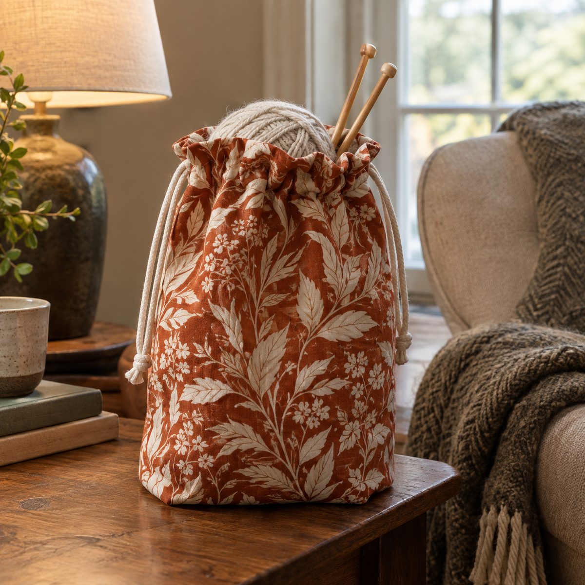 Botanical print knitting project bag with yarn and needles