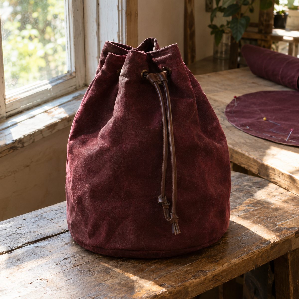 Wine red canvas bucket bag with round base and drawstring top