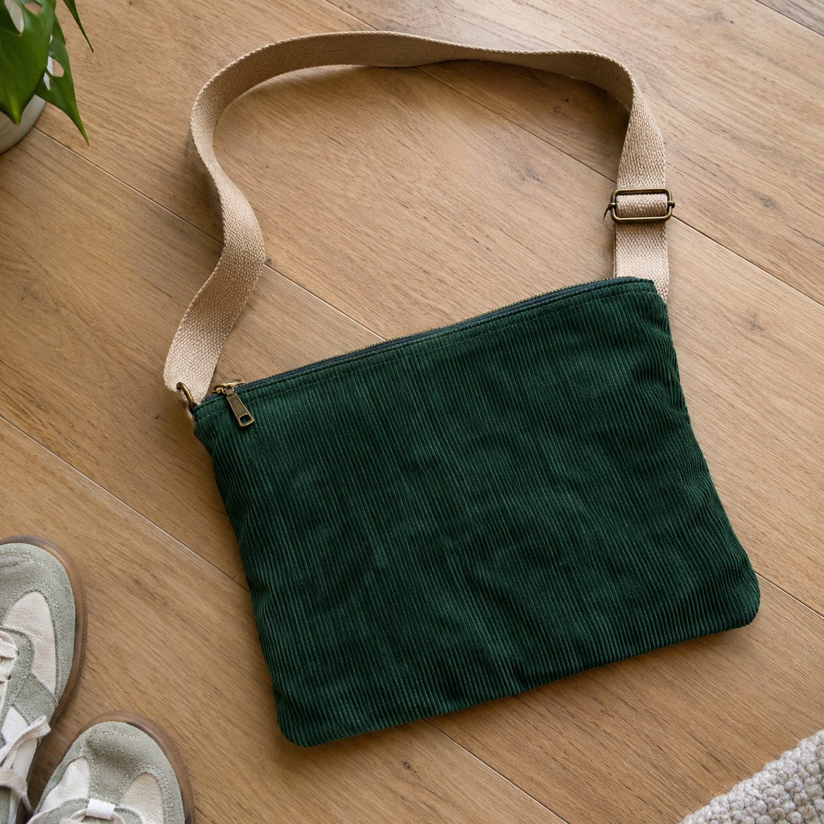 Green corduroy crossbody bag with tan webbing adjustable strap