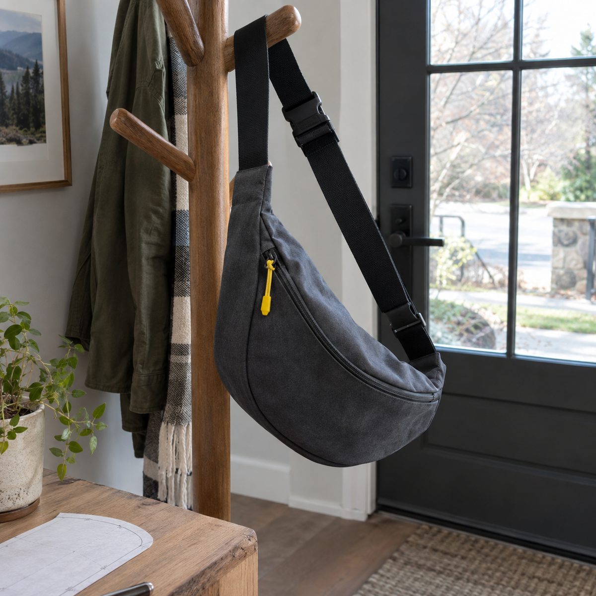 Charcoal curved sling bag with yellow zipper and black webbing strap