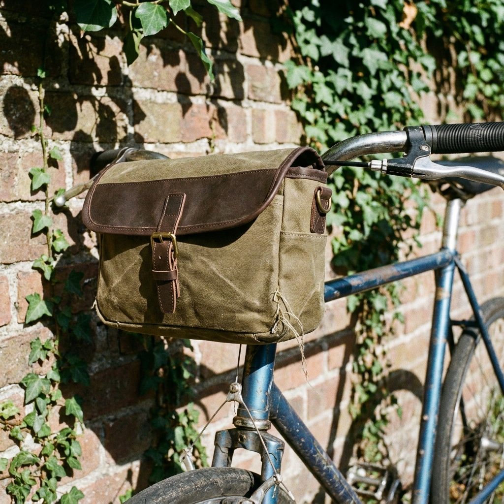 Olive waxed canvas handlebar bag strapped to a bicycle