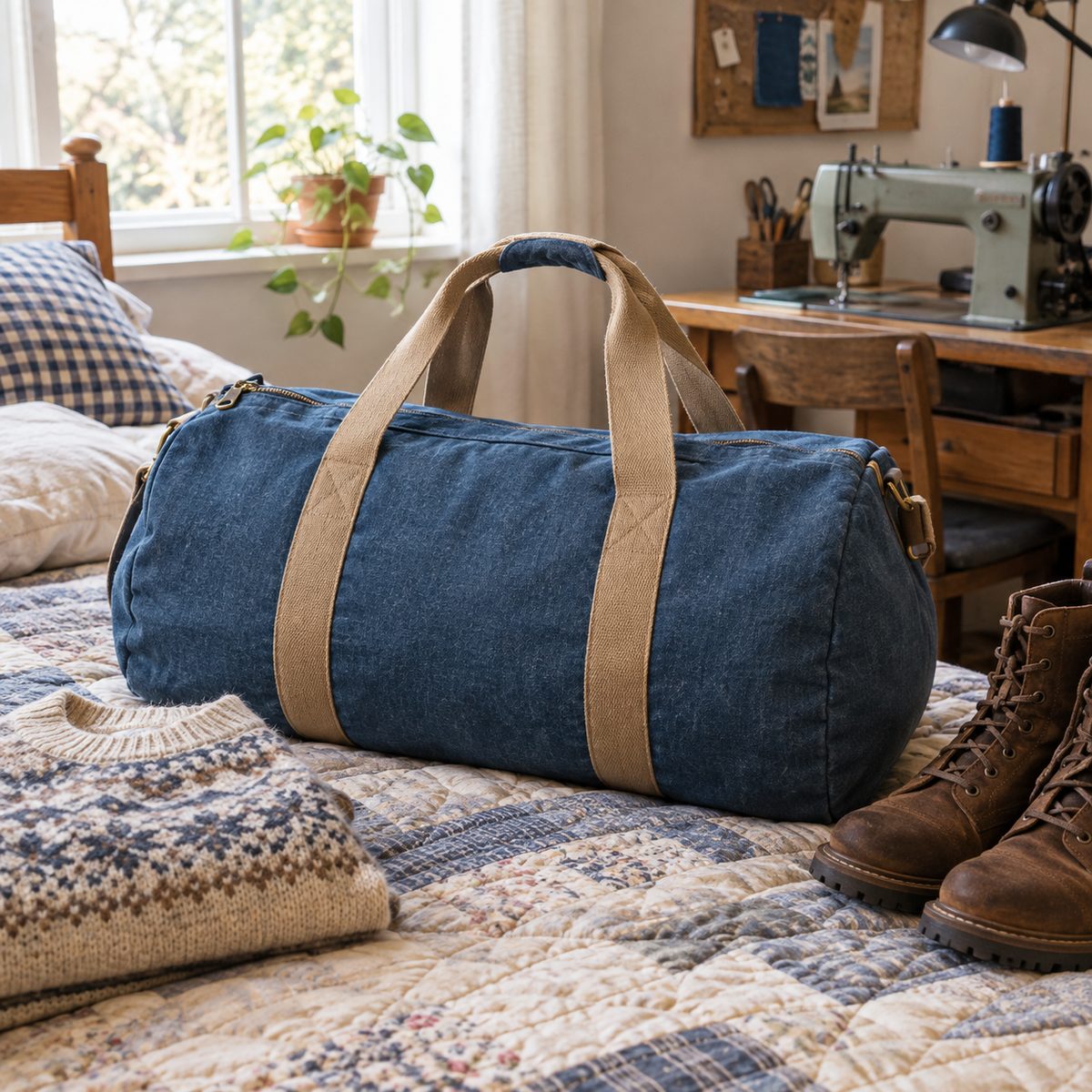 Blue canvas barrel duffle bag with tan webbing handles on a bed
