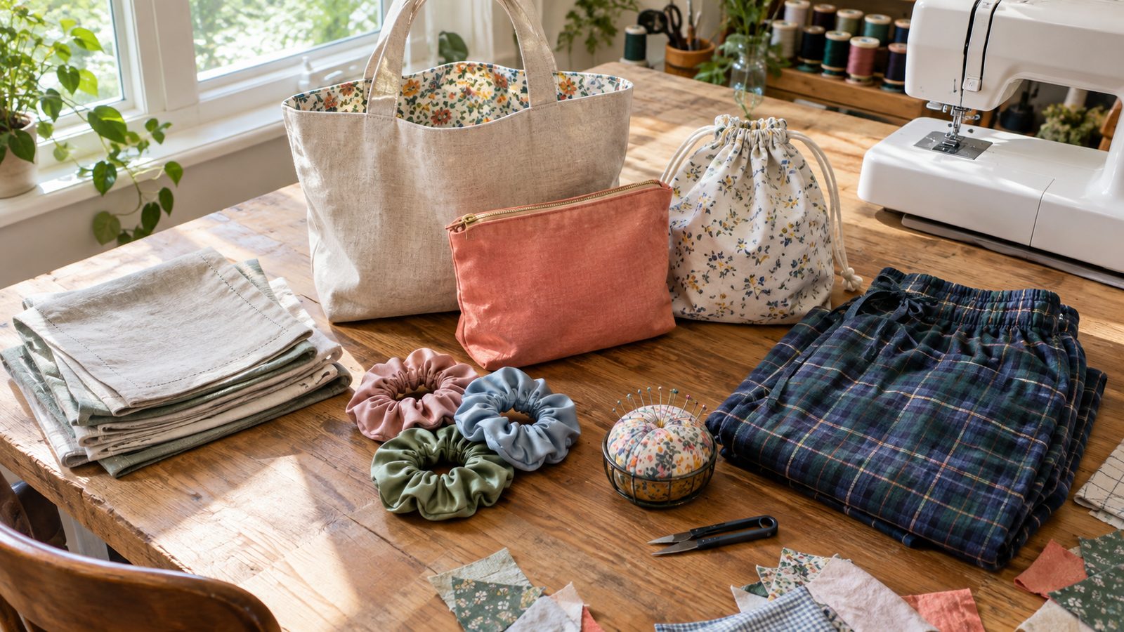 Collection of easy beginner sewing projects on a worktable