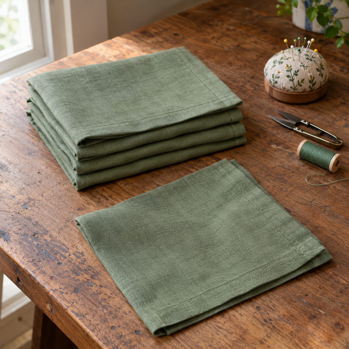 Stack of homemade sage green linen cloth napkins with double-fold hems
