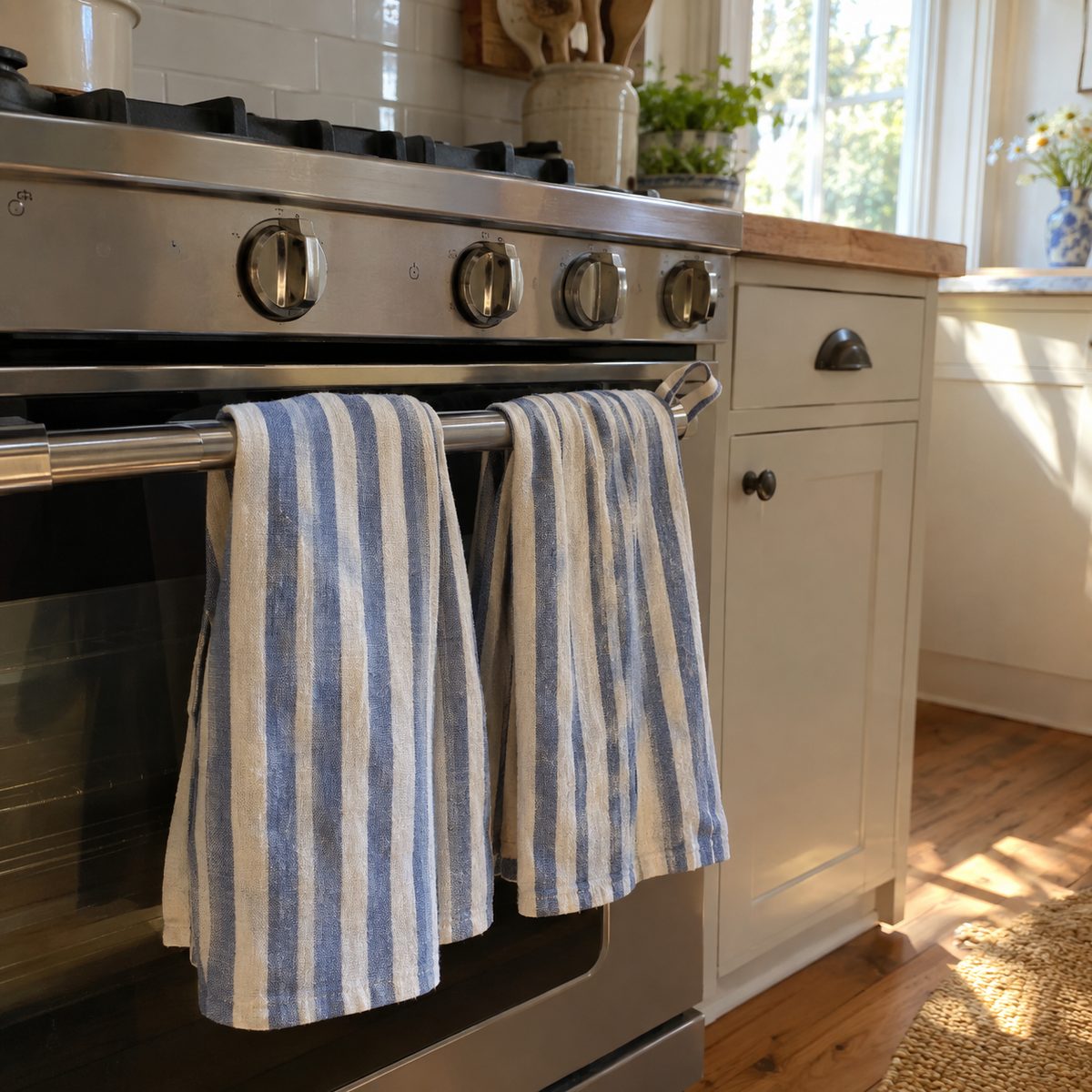 Two handmade striped tea towels hanging from an oven handle