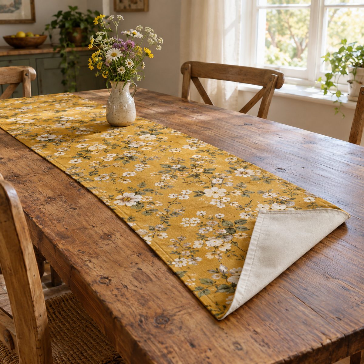Reversible floral table runner with topstitched edge on a dining table