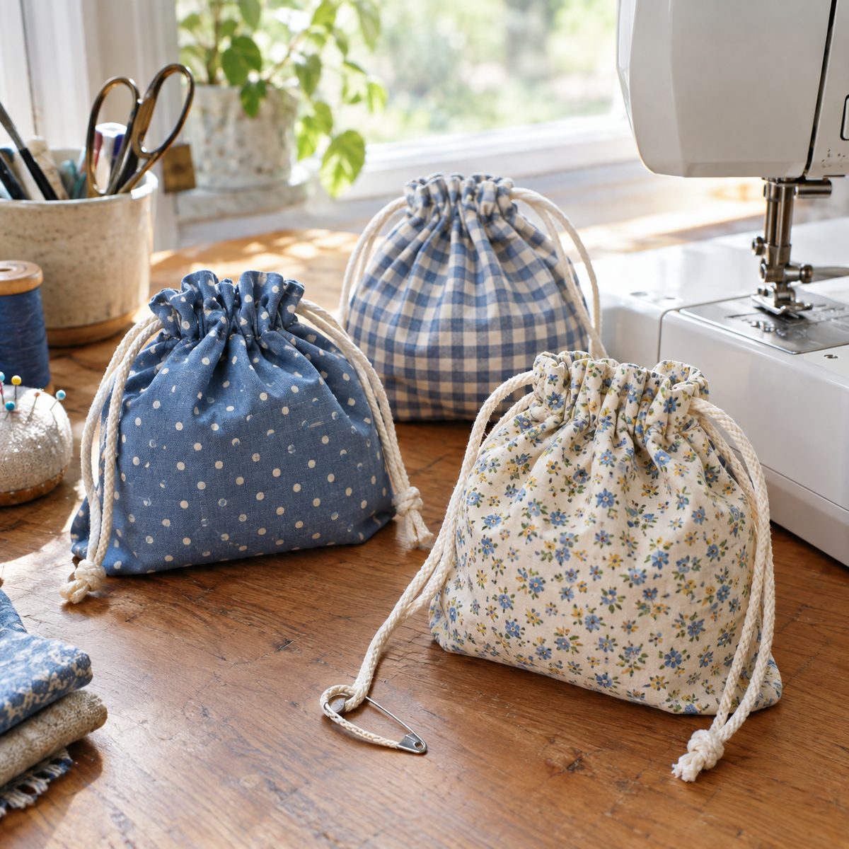 Three handmade cotton drawstring bags in different prints