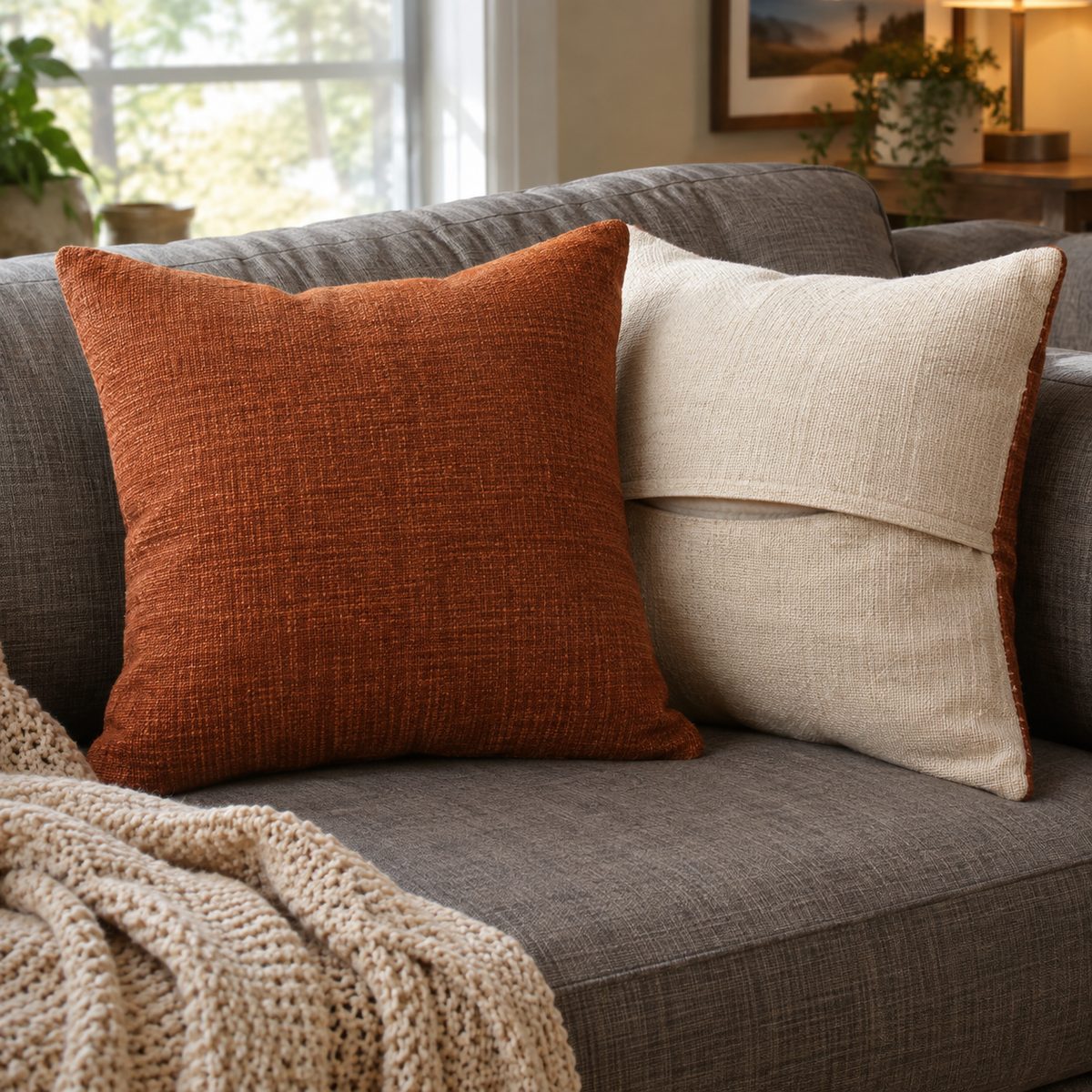 Envelope pillow covers in rust and cream on a gray sofa
