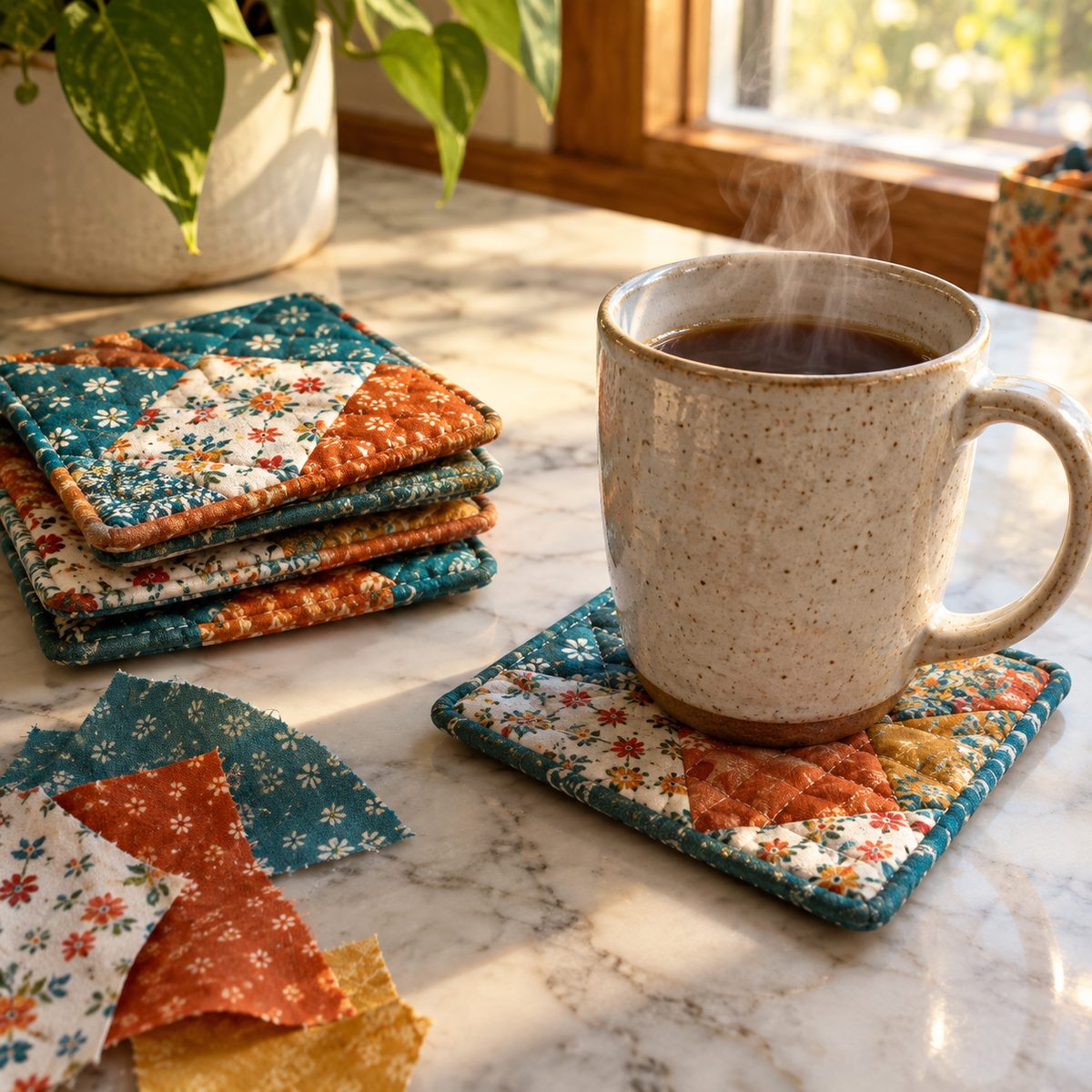 Set of four scrappy handmade fabric coasters with a coffee mug