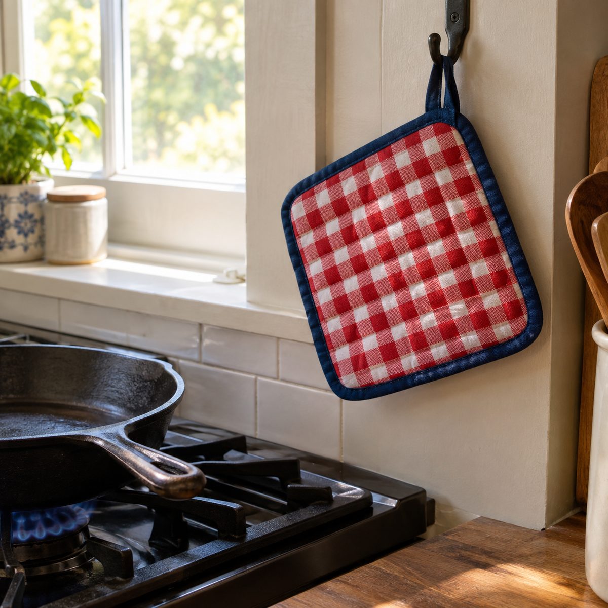 Red gingham quilted pot holder hanging beside a stove