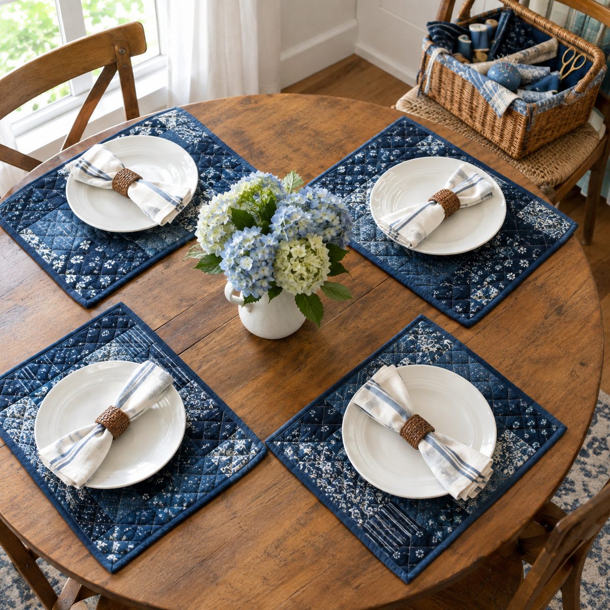 Four quilted navy placemats set on a round wooden table