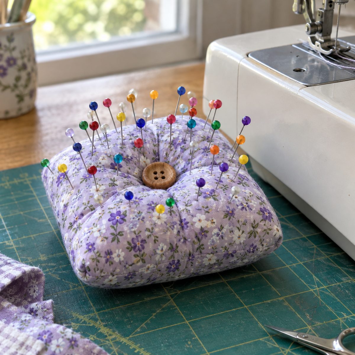 Tufted lavender floral pincushion full of pins beside a sewing machine