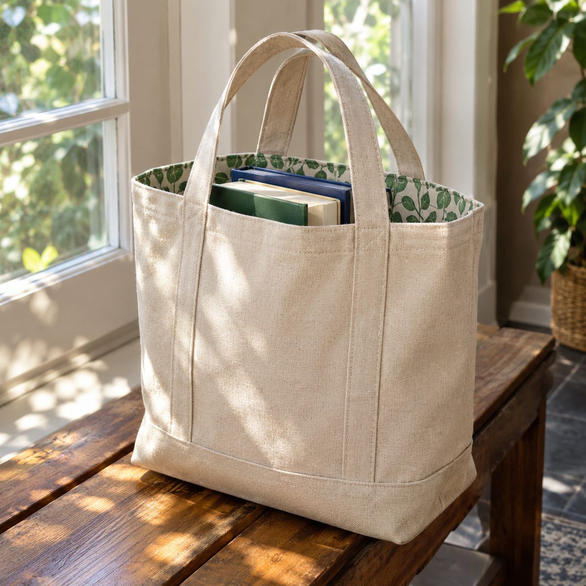 Lined canvas tote bag with boxed corners standing on a bench