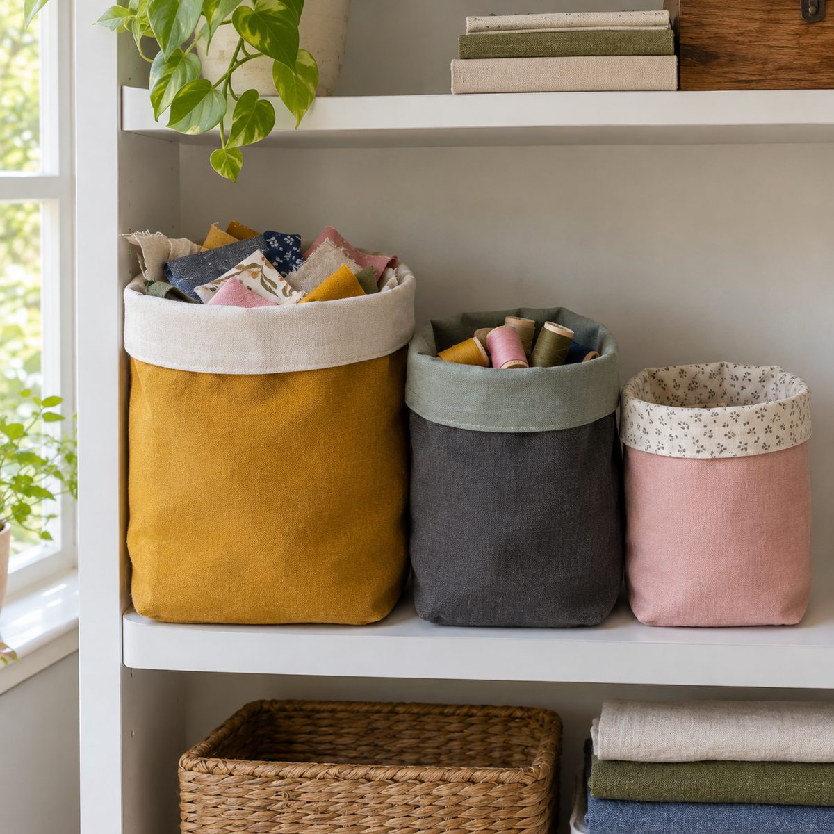 Three handmade fabric storage bins with folded cuffs on a shelf