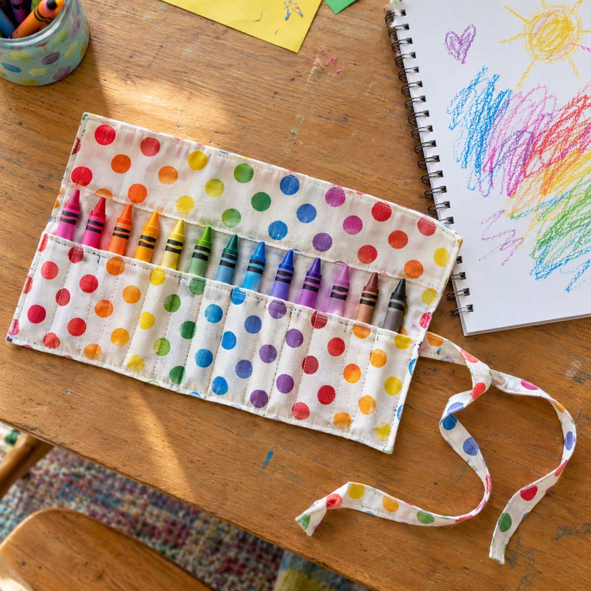 Fabric crayon roll filled with crayons on a craft table