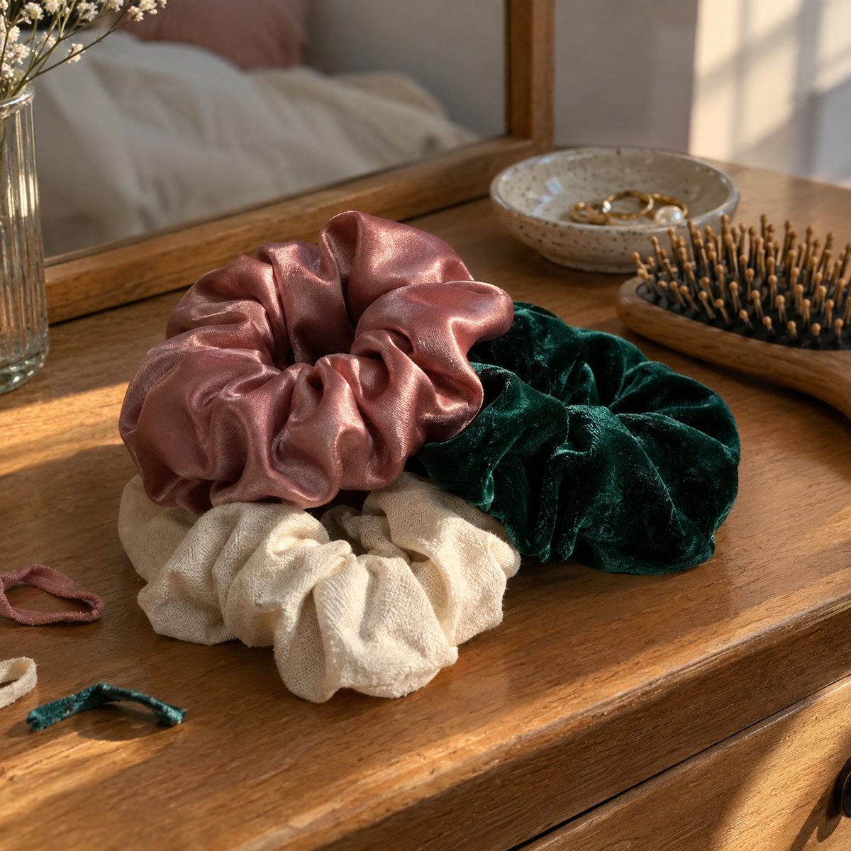 Pile of handmade scrunchies in satin, velvet, and cotton