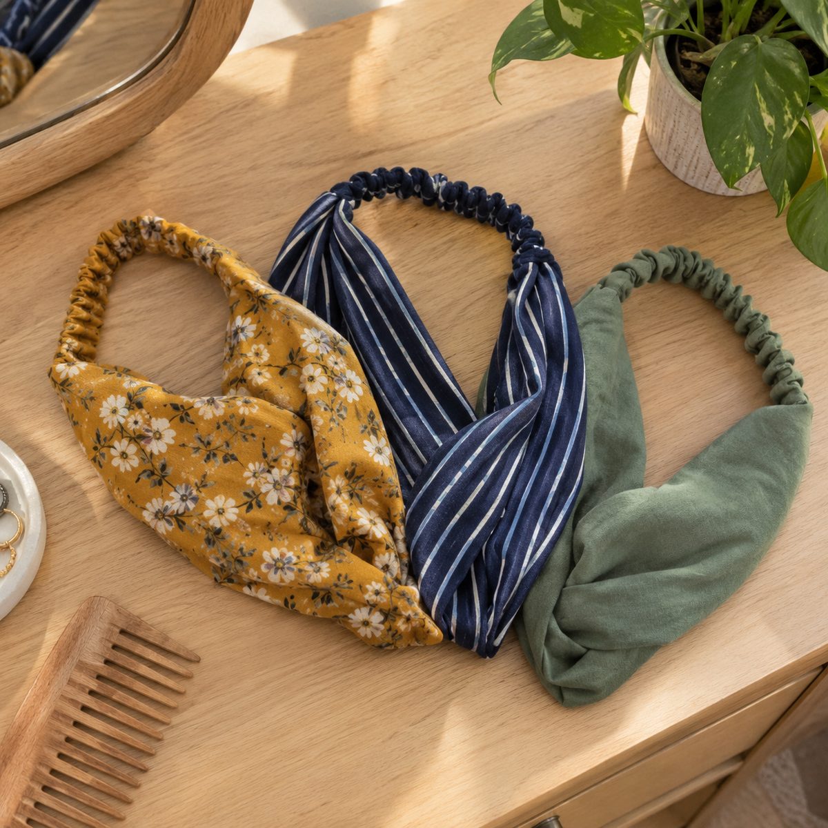 Three handmade elastic-back fabric headbands on a wooden table