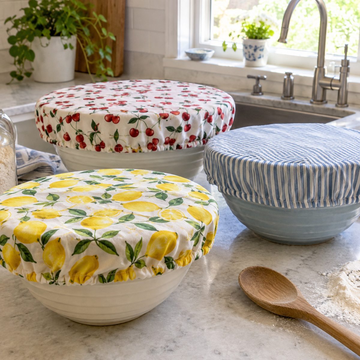 Three elastic-edged fabric bowl covers on ceramic mixing bowls