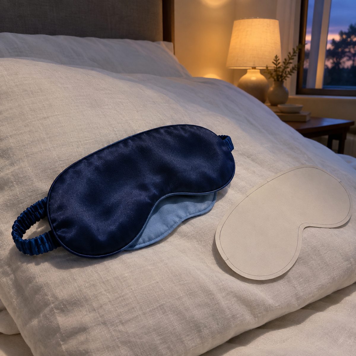 Handmade navy silk sleep mask on a white linen pillow