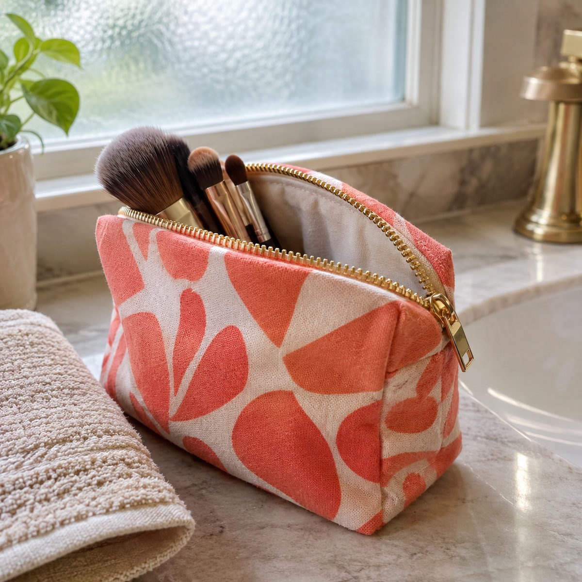 Coral print zipper pouch partially open with makeup brushes