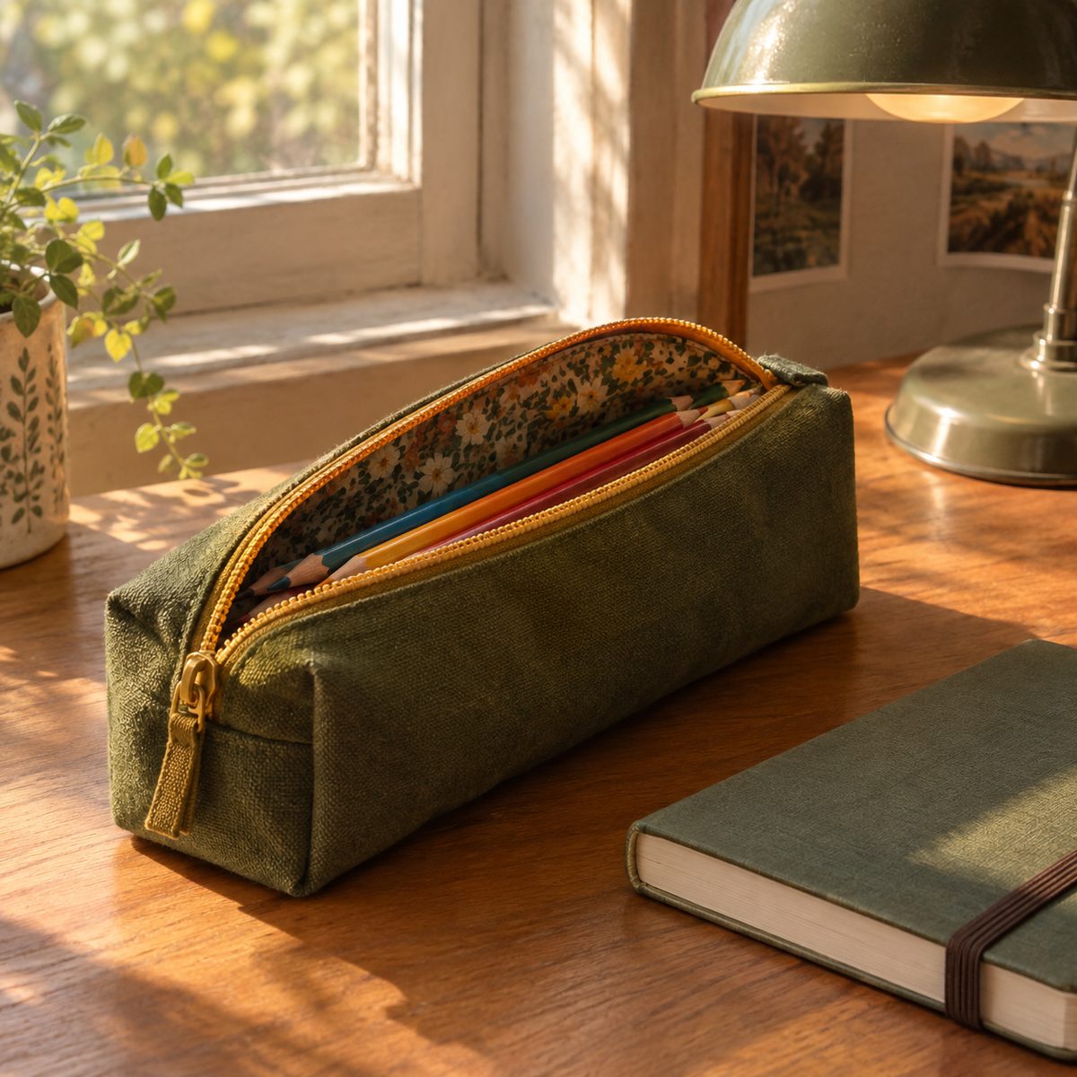 Lined boxy pencil case in olive canvas with colored pencils inside