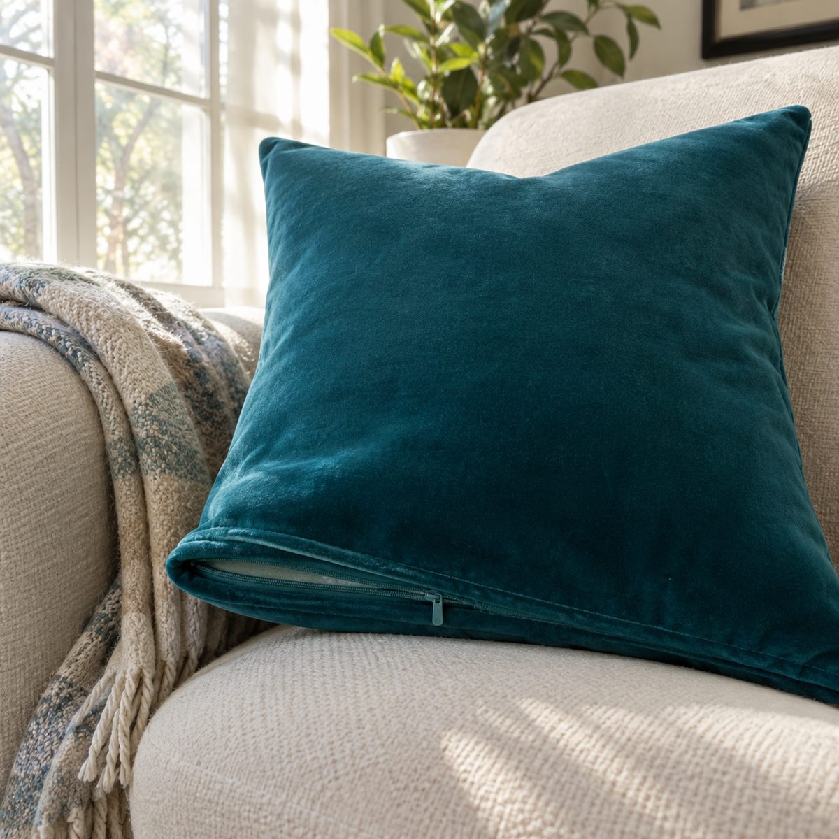 Teal velvet zippered pillow cover on a cream armchair