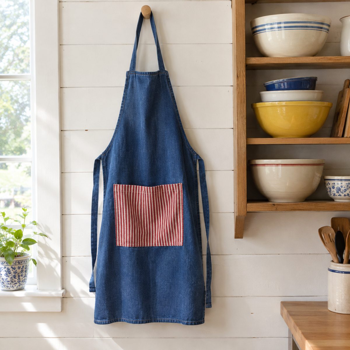 Handmade blue twill kitchen apron with striped pocket hanging on a peg