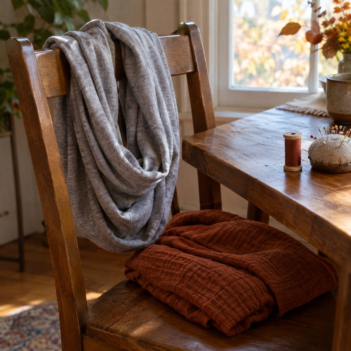 Heather gray jersey infinity scarf draped over a wooden chair