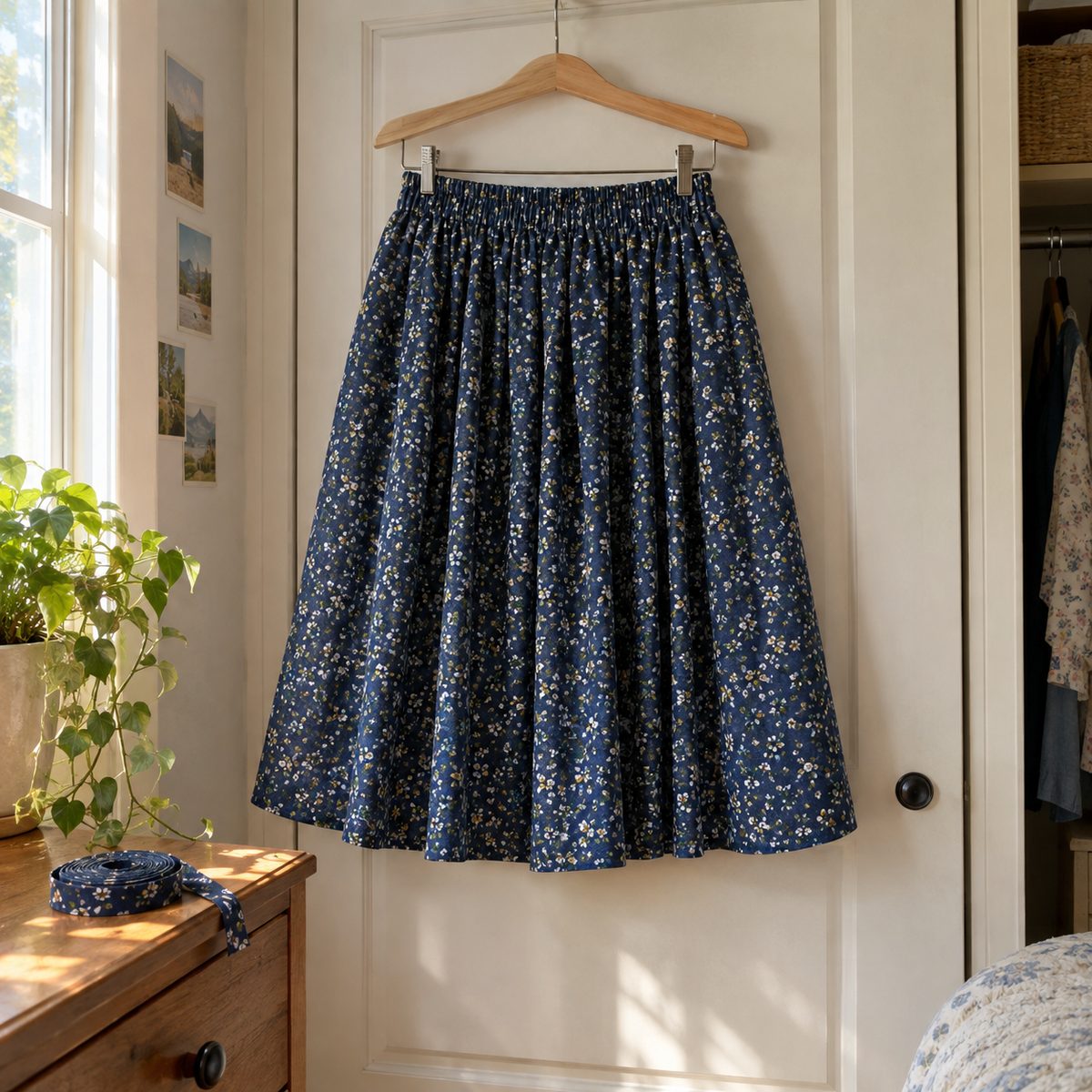 Navy floral elastic-waist gathered skirt on a wooden hanger