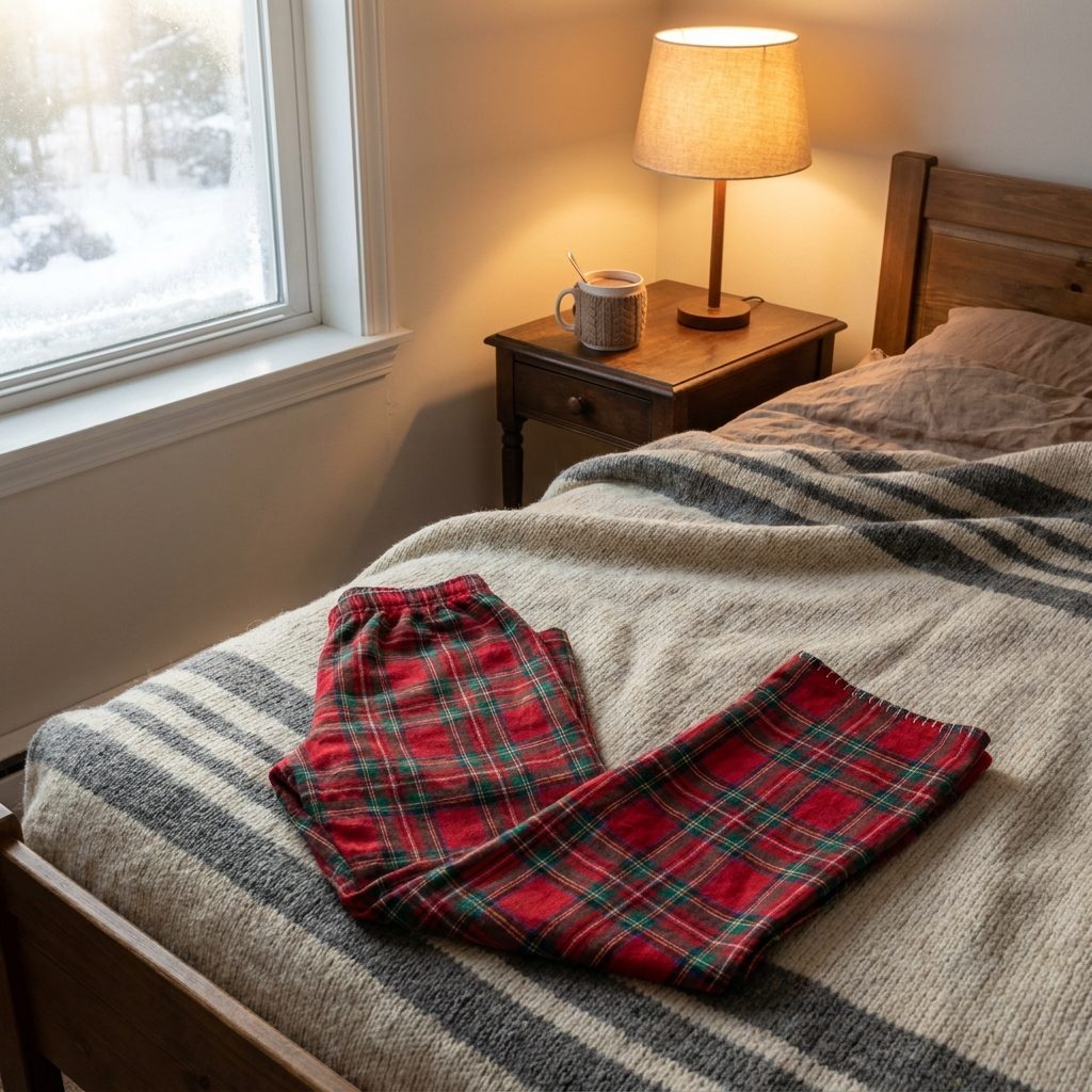 Folded plaid flannel pajama pants on a cozy bed