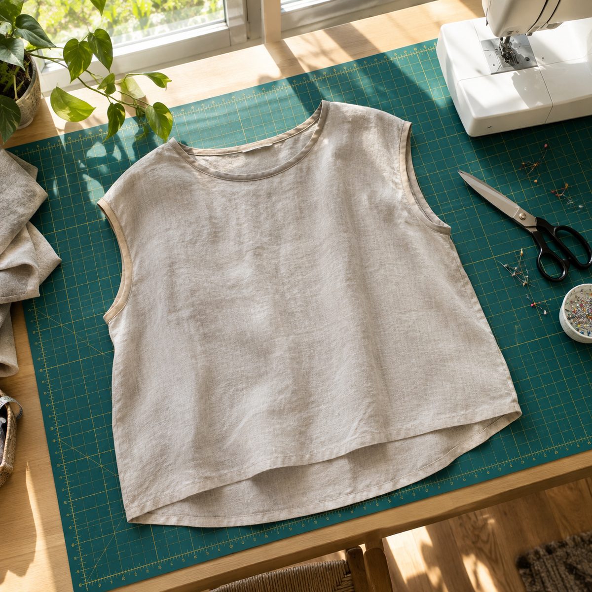 Oatmeal linen boxy top laid flat on a cutting mat