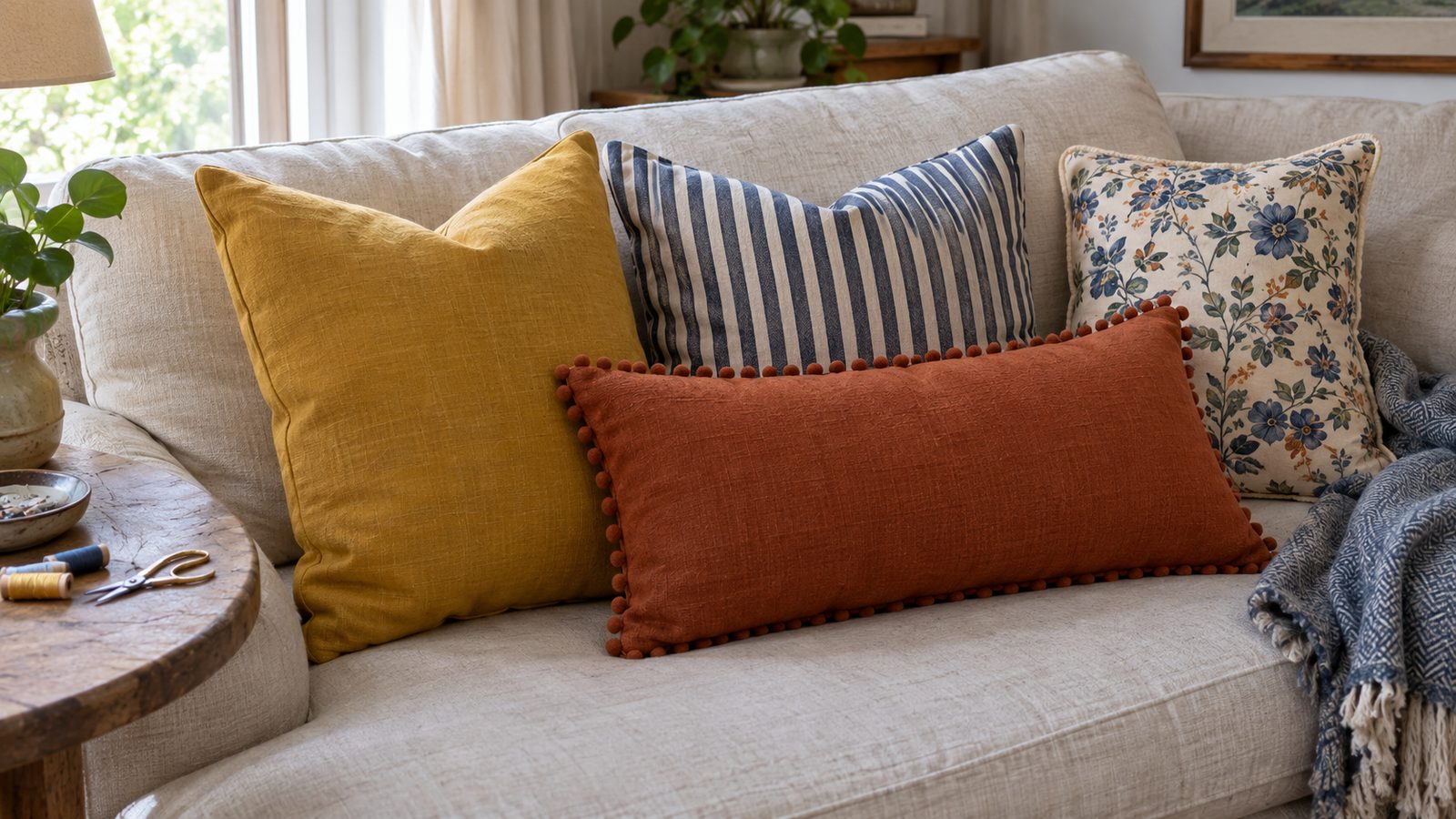 Finished envelope pillow covers in several fabrics arranged on a sofa