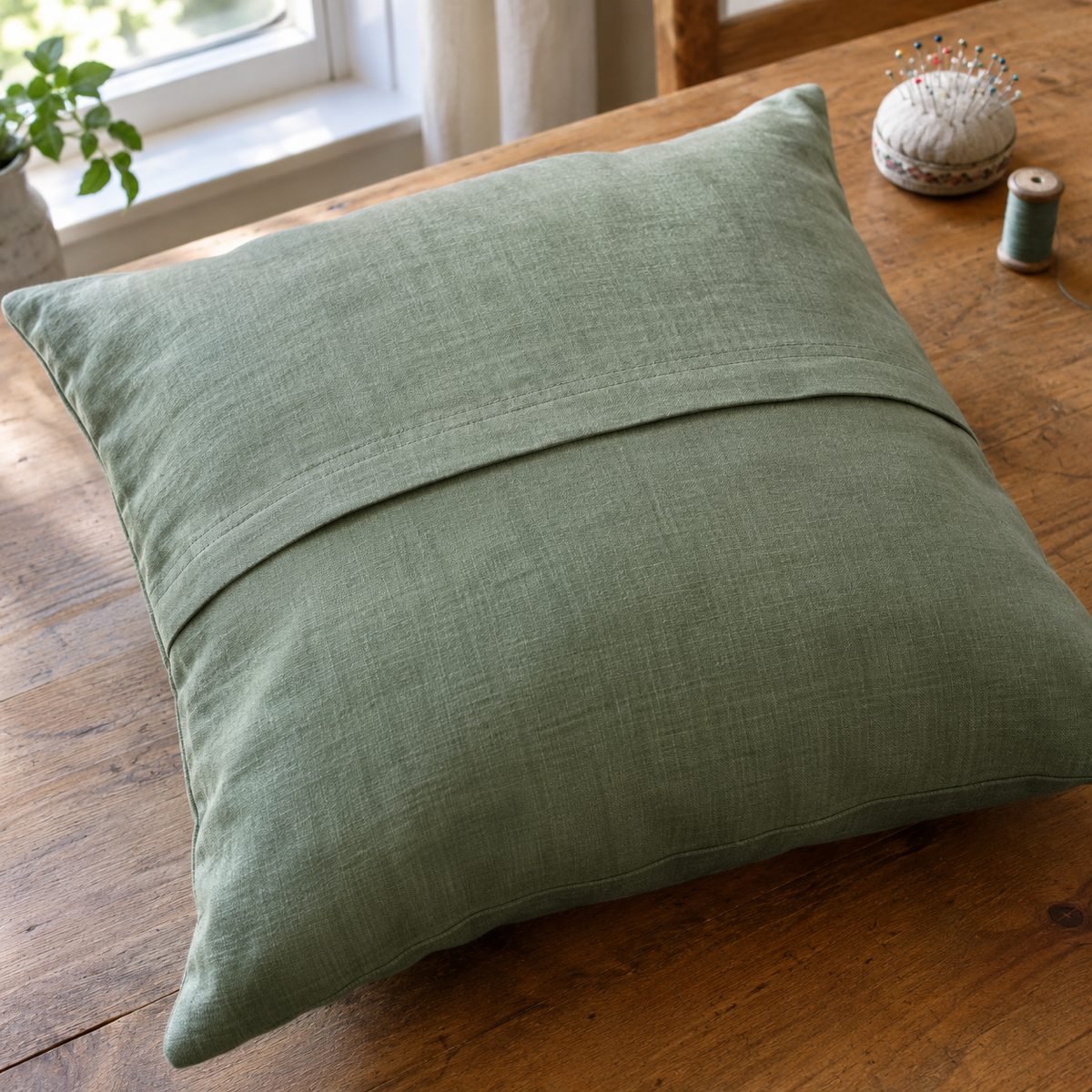 Back of an envelope pillow cover showing the overlapping hemmed panels