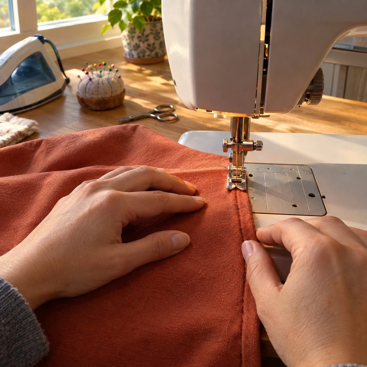 Topstitching the double-fold hem on a back panel of a pillow cover