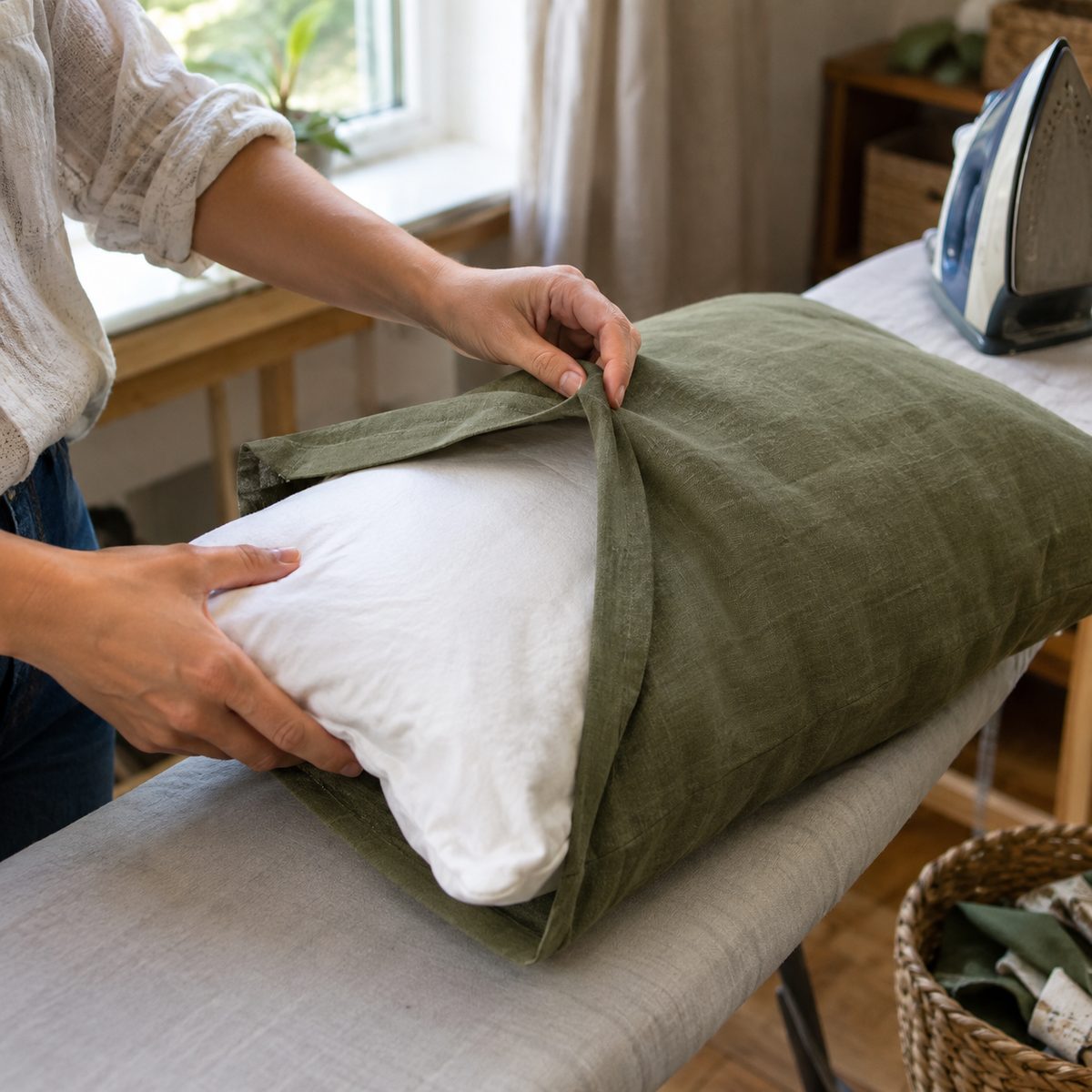 Inserting a pillow form through the envelope opening of a finished cover