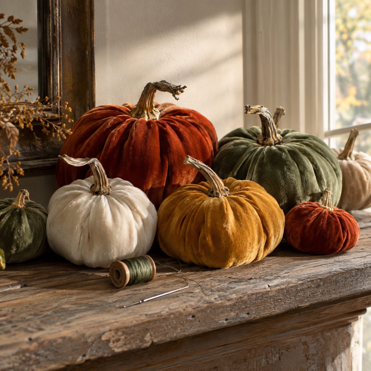 Handmade velvet pumpkins in rust, sage, mustard and cream with real dried stems
