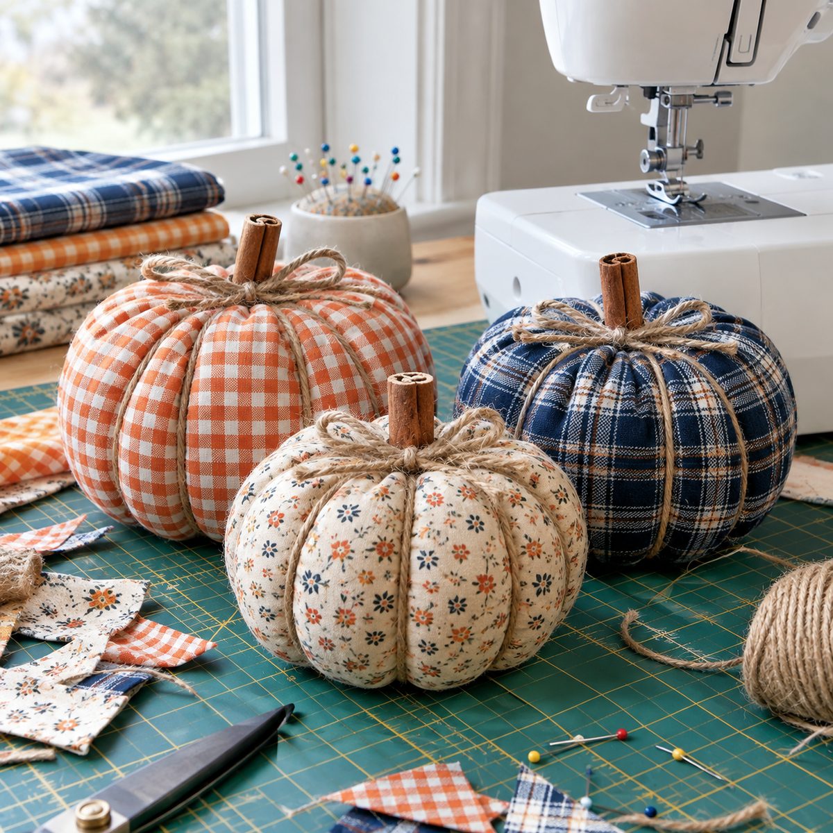 Three quilting cotton fabric pumpkins with twine ribs and cinnamon stick stems
