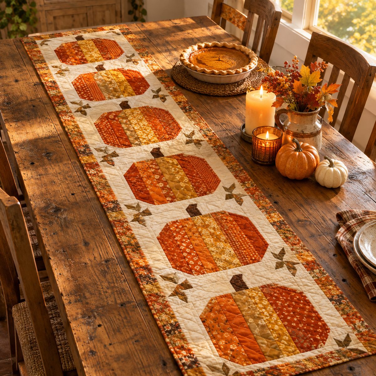 Patchwork pumpkin table runner on a rustic farmhouse dining table