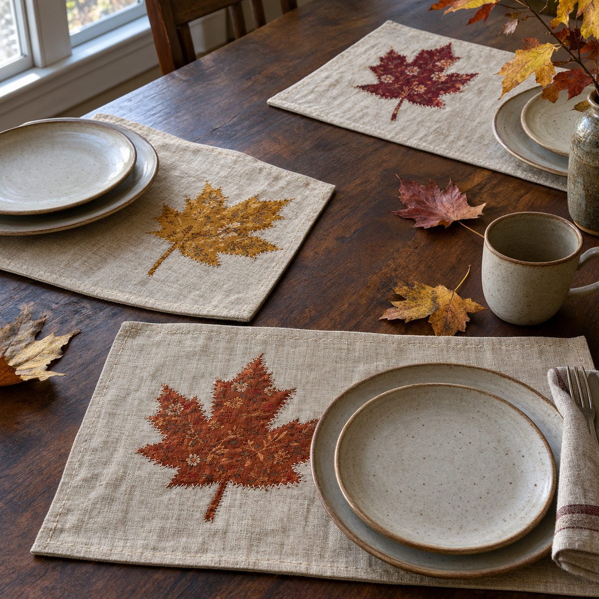Linen placemats with appliqued fall maple leaves in rust, gold and burgundy