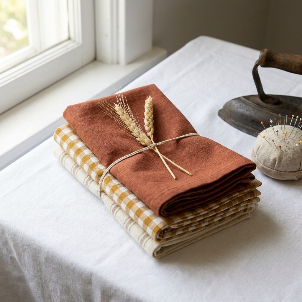 Stack of handmade Thanksgiving cloth napkins in rust, mustard and cream