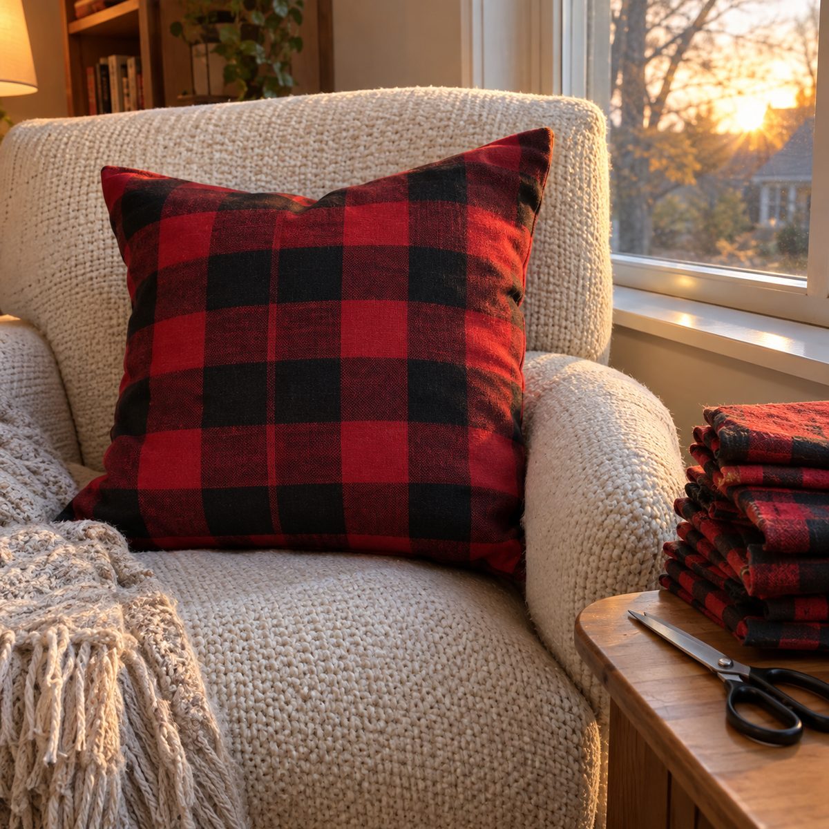 Buffalo check flannel pillow cover on a cream armchair